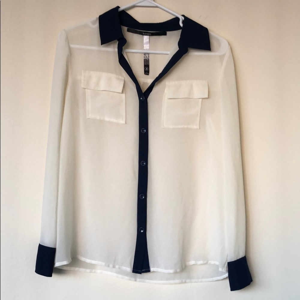 Kensie Beige & Navy Sheet Blouse S